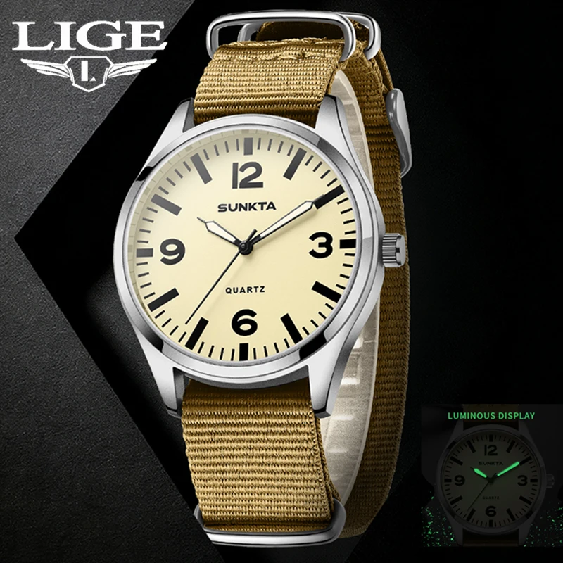 

SUNKTA LIGE 2025 New Men's Quartz Watch Retro Nylon Strap Military Waterproof Luminous Watches For Men Relogios Masculino+BOX
