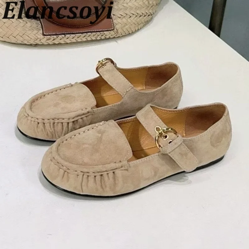 New Mary Jane Shoes Spring Autumn Round Toe Cow Suede One Strap Flat Shoes Women's Pleated Design Retro Soft Sole Single Shoes