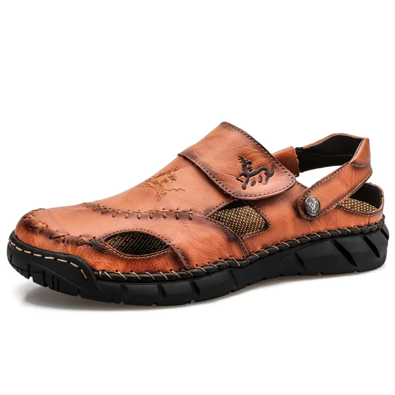 High quality leather flat sandals for men round toes new summer 2024 size 49 50 casual outdoor walking big size shoe black brown