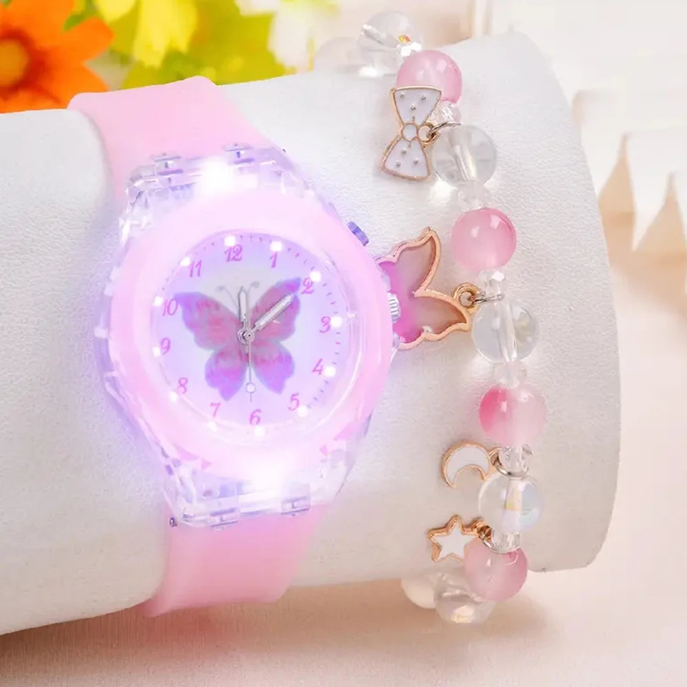 Fashion Butterfly Silicone Luminous Watch + Butterfly Beaded Bracelet