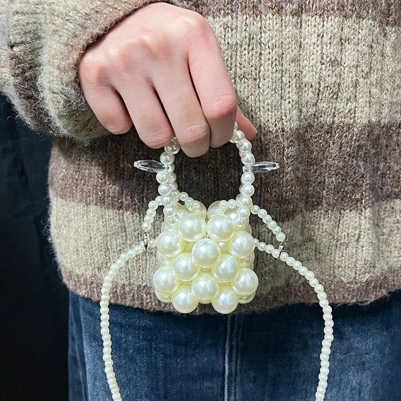 Pearl mini crossbody chain bag, niche cute lipstick woven bead bag, high-end fairy acrylic bag