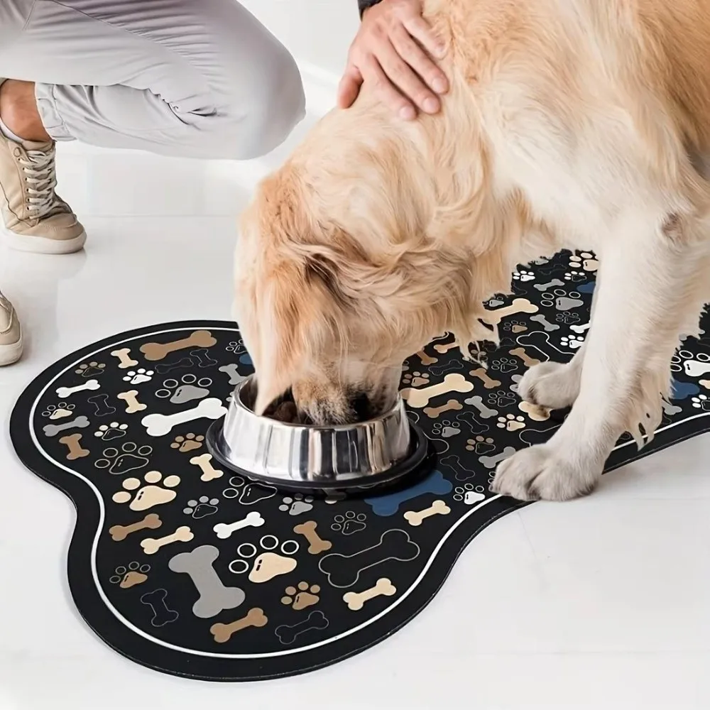Geometric Fishbone Paw Print Dog Feeding Mat Non-Slip Placemat Pet Food Bowl Pad Quick-Dry Water Bowl Pad Pet Feeding