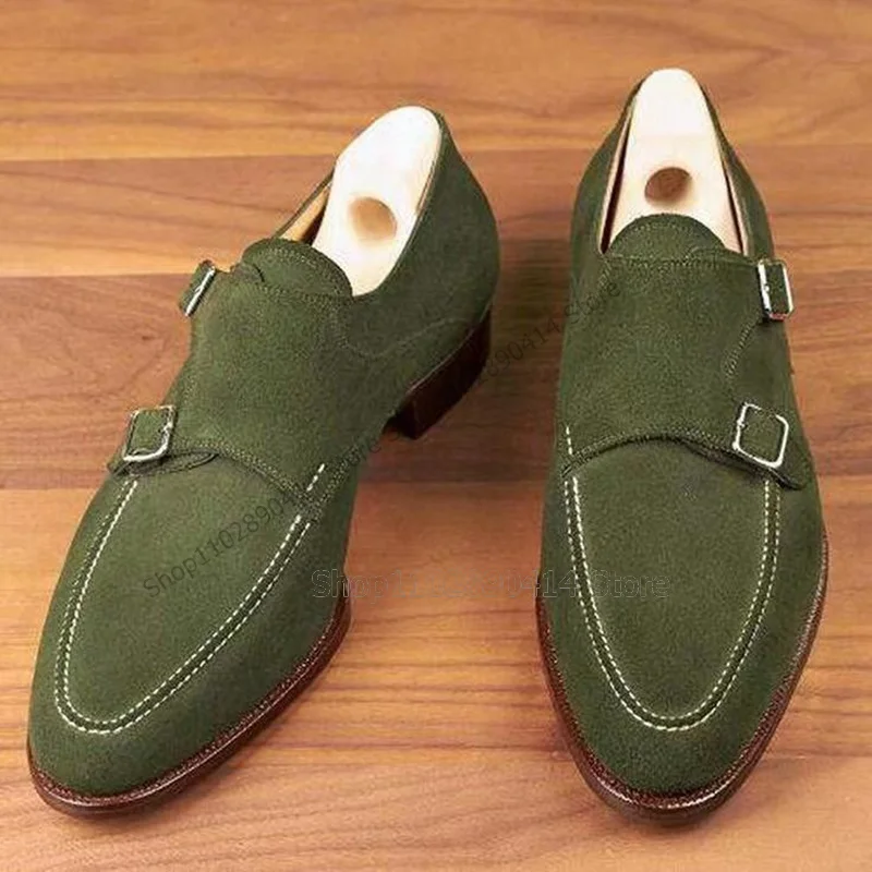 

Green Buckle Decor Sewing Design Flock Loafers Fashion Slip On Men Shoes Luxurious Handmade Party Feast Banquet Men Casual Shoes