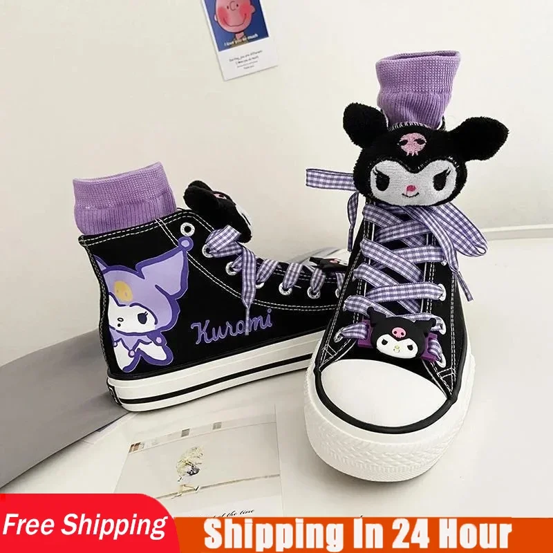 Miniso Anime Kuromi Children High Top Canvas Shoes Kawaii Cartoon Non-slip Sole Canvas Cartoon Shoes Student Girl Gifts