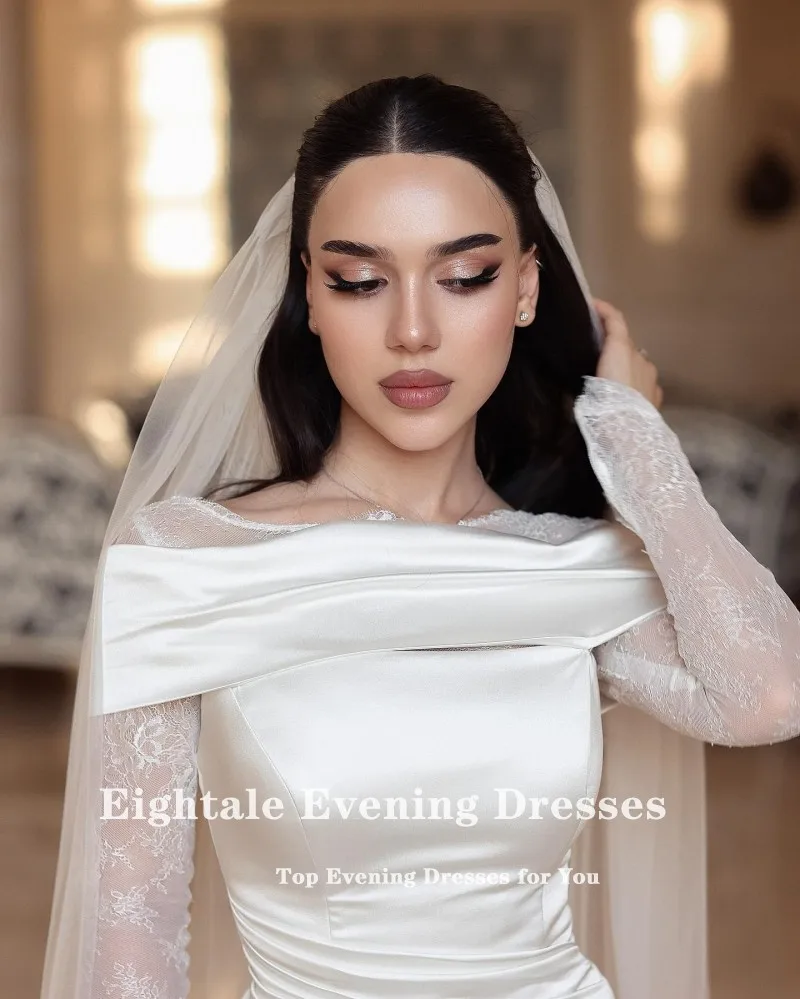 Eightale Arabic Wedding Dress Scoop Lace Customized White Ivory Satin Long Sleeves Muslim Bridal Gown Mermaid Bride Party Dress