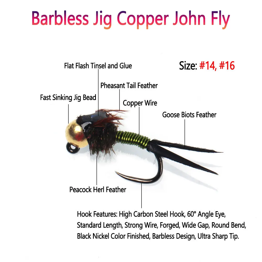 5pcs #14 #16 Barbless Tungsten Bead Head Jig Copper John Fly Fast Sink Wet Euro Perdigon Nymph Fly Trout Grayling Fishing Lures