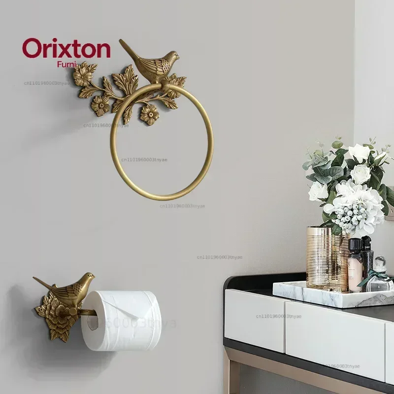 Luxury All-Copper Bathroom Accessories Retro Brass Bird Towel Ring Clear Texture Punch-Free Towel Holder Antique Bathroom Ac