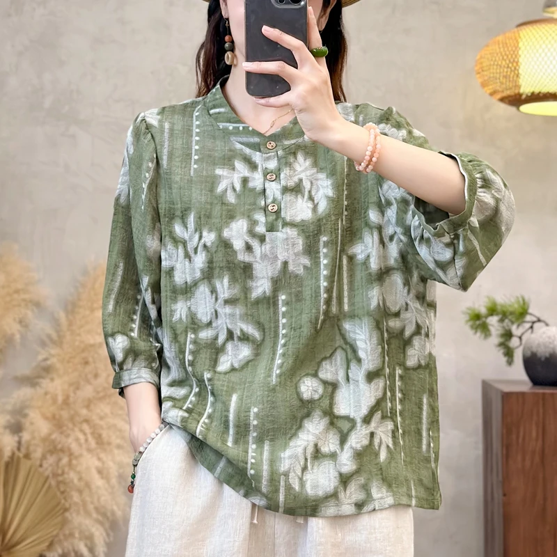 

Cotton Linen Blouse 2025 New Vintage Print Fashion Tops Women's Leisure Short Sleeves Shirt Women Blouses