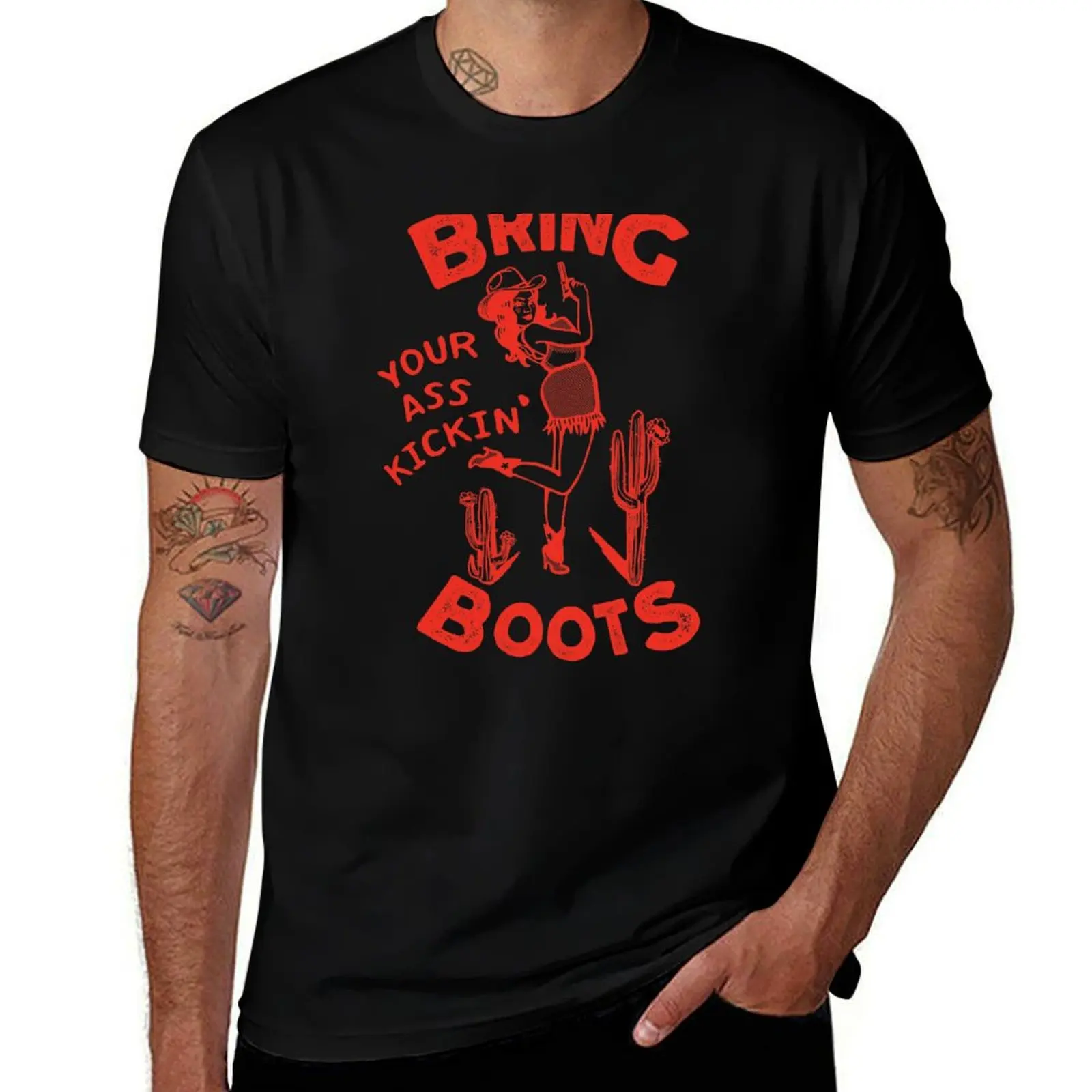 Bring Your Ass Kicking Boots! Cool Retro Cowgirl With A Gun- A Great Gift Idea For Women! T-Shirt Big Size Crew Neck T-Shirt