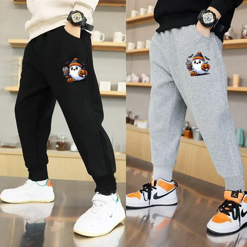 Junge Mädchen Mode Party Hosen Halloween geist/Katze Gedruckt Jogginghose Elastische Taille Kinder Tasche Hosen Jogginghose WSJNC1