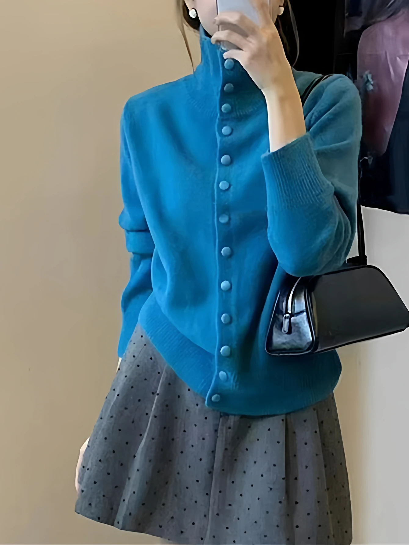 여성용 하이넥 소프트 왁시 니트 가디건 젠틀 스타일 싱글 브레스티드 한국 트렌디 아우터웨어 가을 겨울용