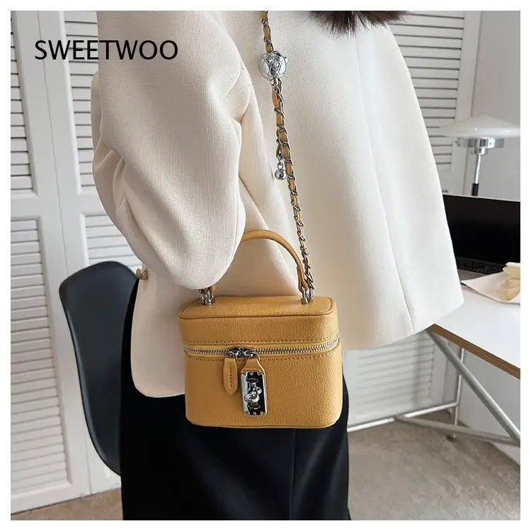 Korean Bright Color Mini Box Crossbody Bag For Women Metal Lock Design Chain Shoulder Handbag