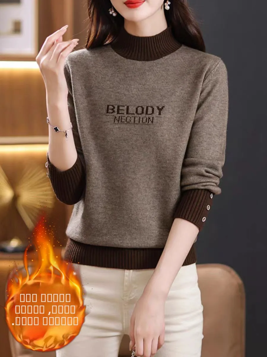 

Thiened Fce f Женский свитер с высоким воротником Осень-зима Цельный бархатный женский трикотаж Теплое нижнее белье Camere Bas...