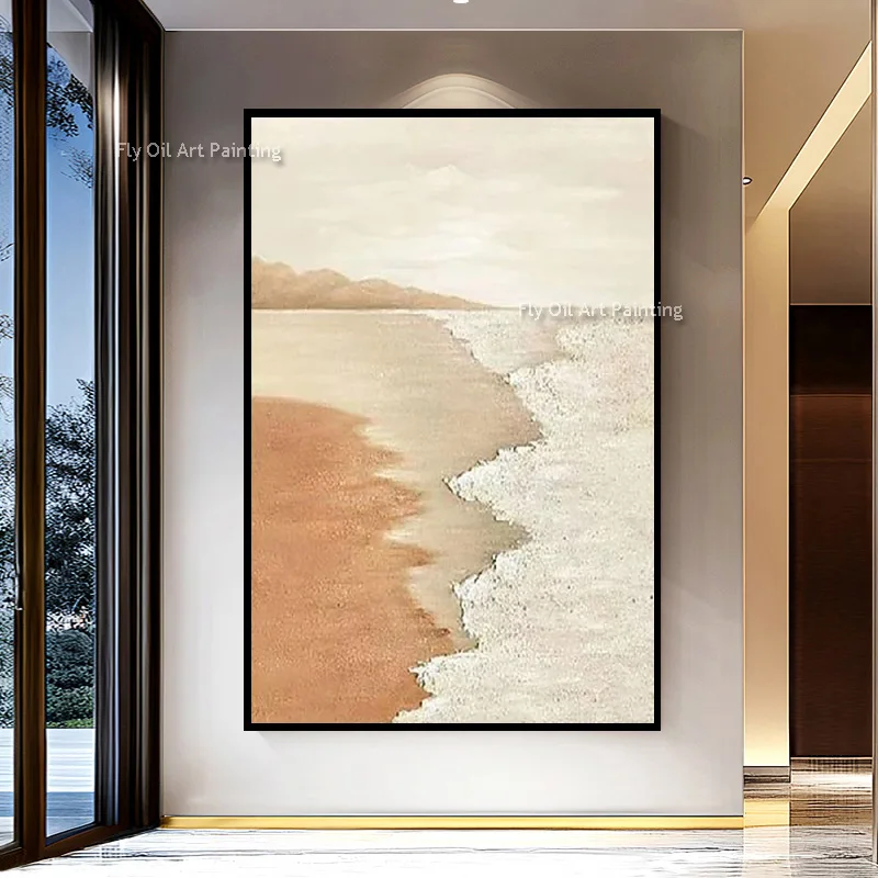 Orange And Beige Abstract Seawave Oil Painting New Popular Design Handmade Blue White Sea Sunset Canvas Wall Art Decor For Home
