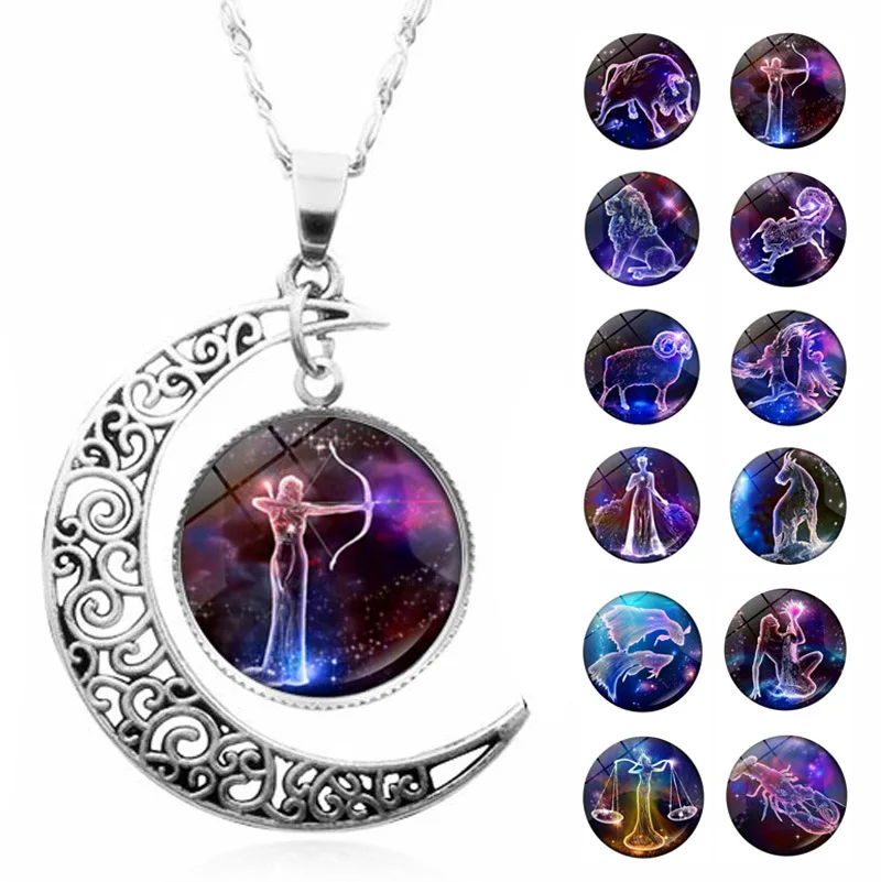 Twelve Constellations Time Gemstone Necklace Women's Versatile Silver Moon Pendant European and American Accessories Sweater Ch