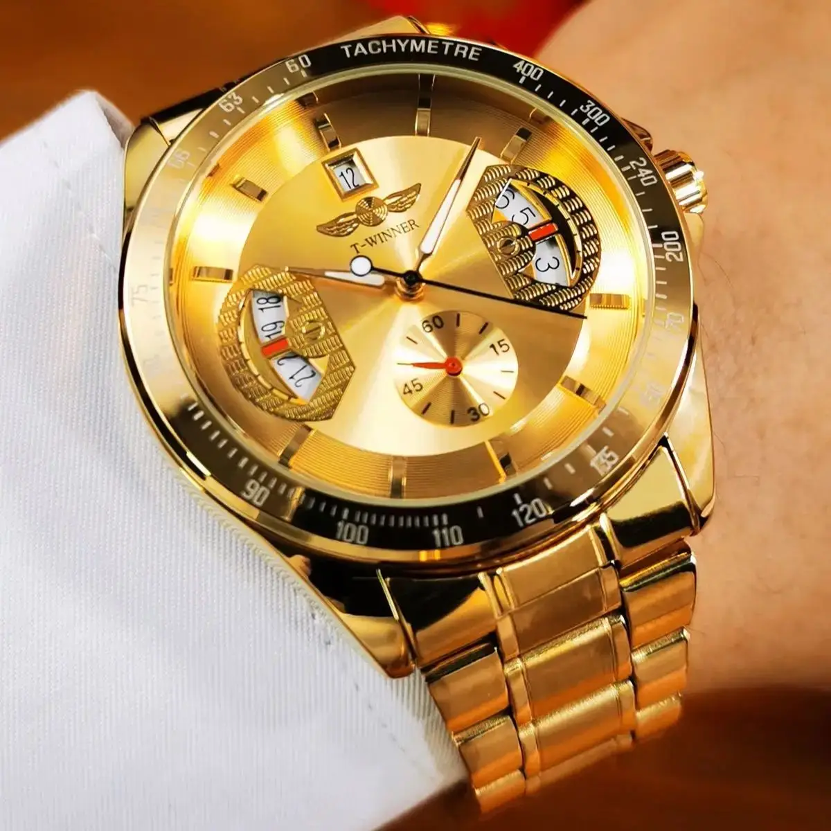 

ПОБЕДИТЕЛЬ Спортивные механические часы со скелетом Многофункциональный циферблат с дисплеем даты Ремешок из нержавеющей стали Военные автоматические мужские часы