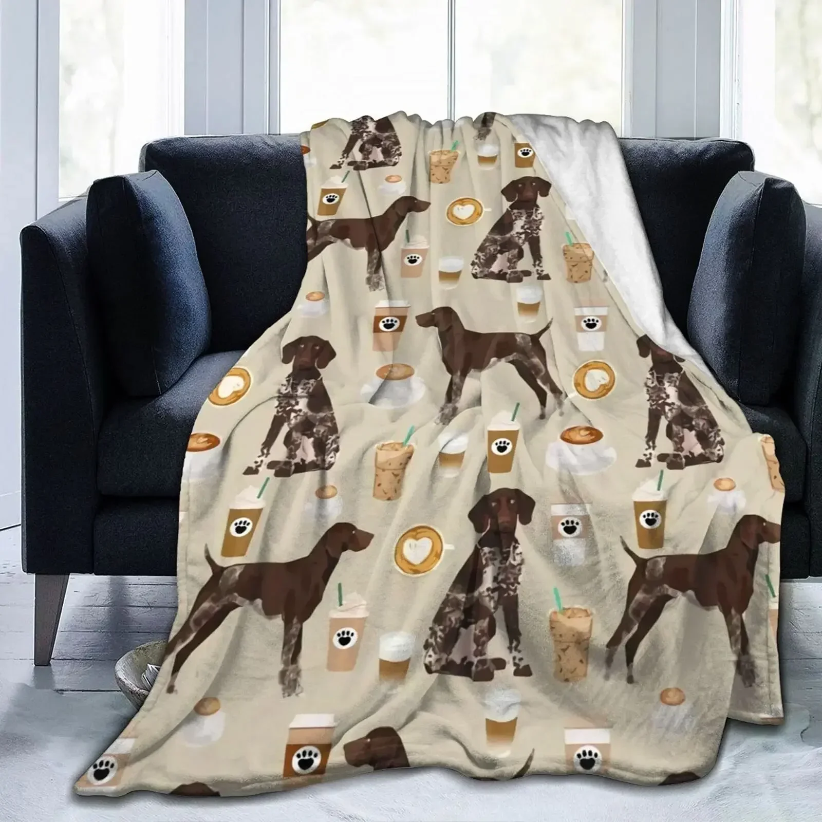 Modern Flannel Fleece Throw Blanket,German Shorthair Pointer Dog Breed Pet Coffee Lovers Blankets for All Seasons,Cozy Bedspread