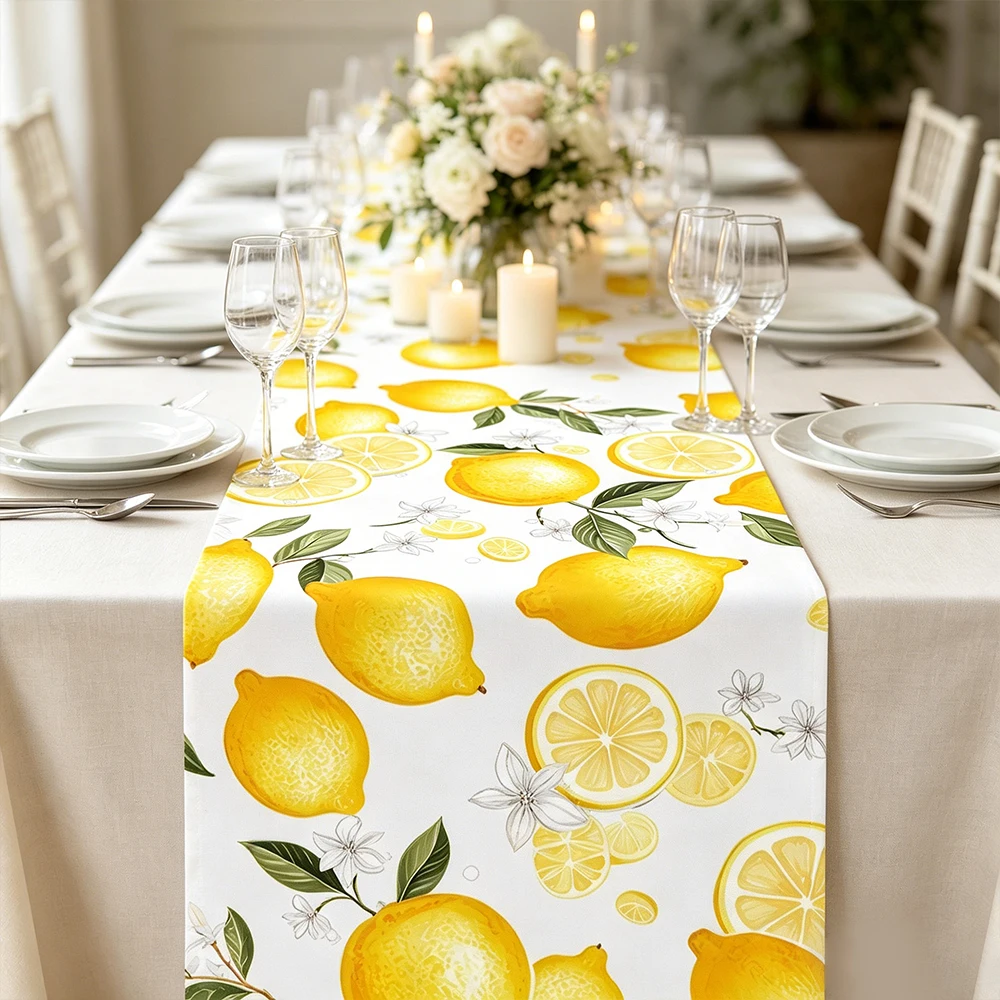 Summer Lemon Floral Printed Table Runner Dining Table Dresser Scarf  Indoor Kitchen Cafe Party Decor Seasonal Home Ornament
