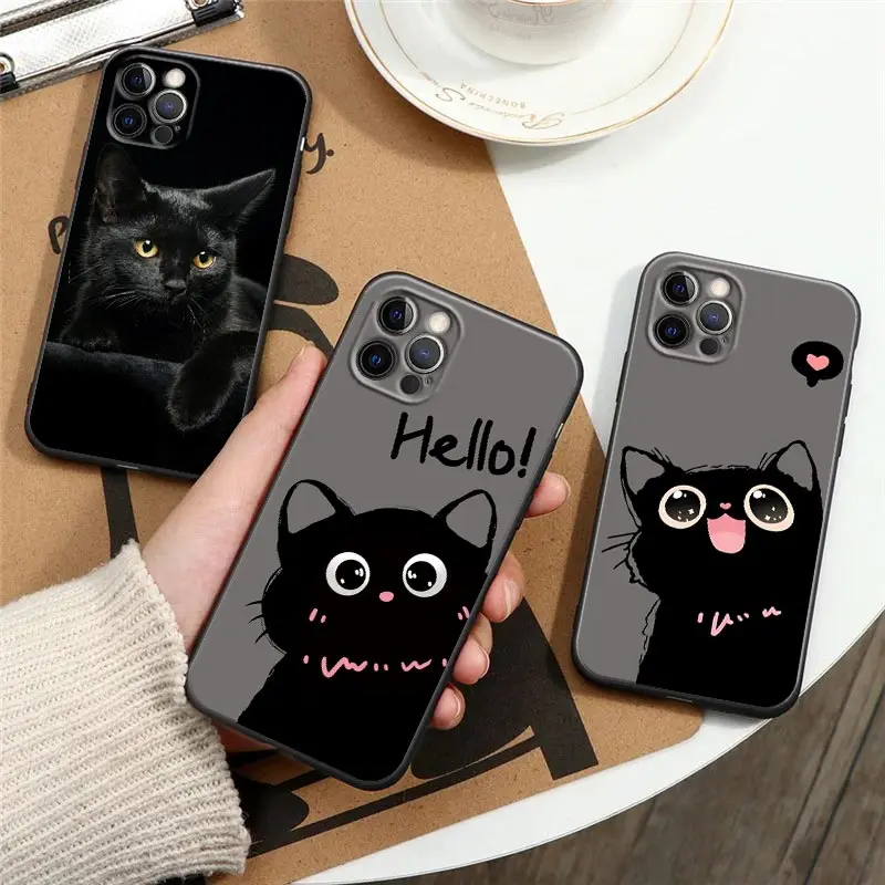 

Black Cats Cute cat Hello Phone Case For Apple iPhone 16 15 14 13 12 11 Pro Max XR XS Max 7 8 Plus SE2 Back Cover Silicone Cases