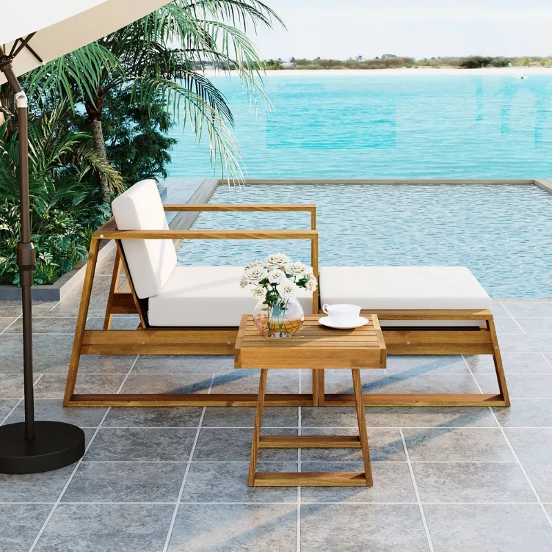 Outdoor Lounge Chair Set with Footstool Removable Cushion Terrace Garden