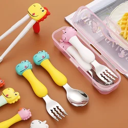 304 Stainless Steel Dinosaur Baby Children's Portable Tableware Cartoon Spoon Fork Learning Training Chopsticks Fork Spoon Set