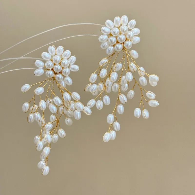 Round Pearl Waterfall Exaggerated Tassel Earrings