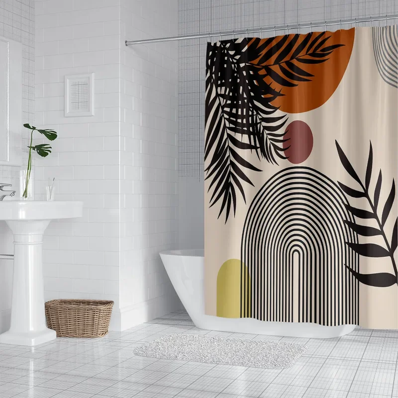 Geometric Shower Curtain Mid-Century Modern Arches Sun Moon Half Circle Lines Abstract Print Bathroom Decor with 12 Hook