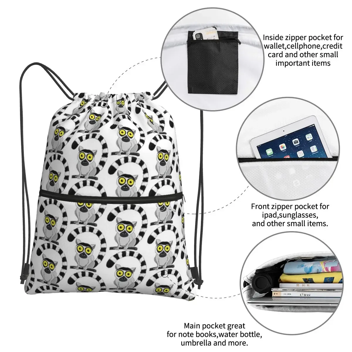 Mochilas portáteis LEMUR RING TAILED, Drawstring Bag, Multi-Function Bundle Pocket, sacos de livros para estudantes escolares