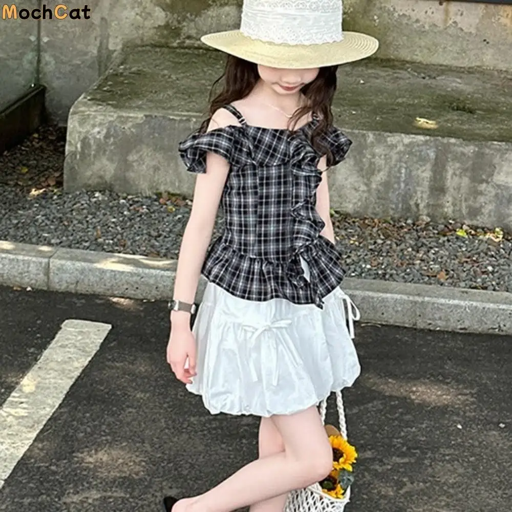 

Grid Pleated Kids Ruffles Short Dress One Shoulder Neck Suspenders Girls Puff Sleeve Skirt Short Casual Children Plaid Dress