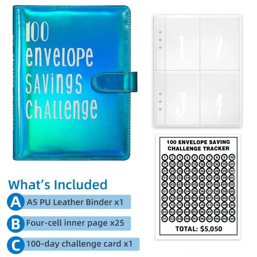 A5 Size Challenge Budget Binder 100 Day PU Leather 100Envelopes Challenge Notebook Envelope Durable Savings Challenge Notepad