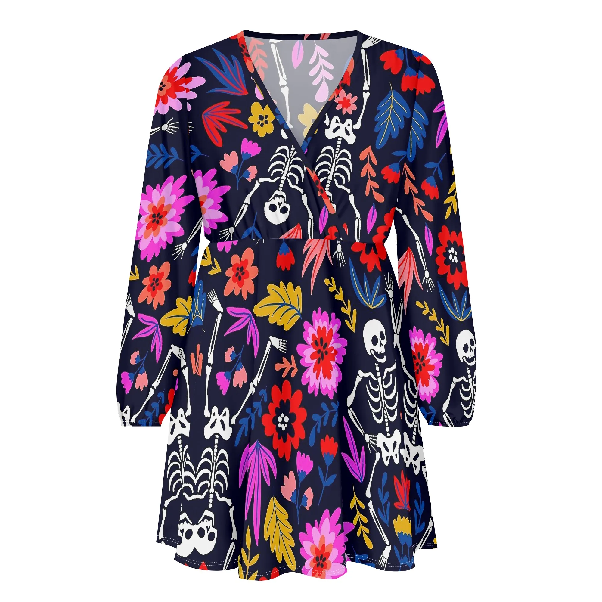 

Women's Mini Dress Skeleton Floral Print Long Sleeve V-Neck A-line Dress for Costume Party Wear S-3XL