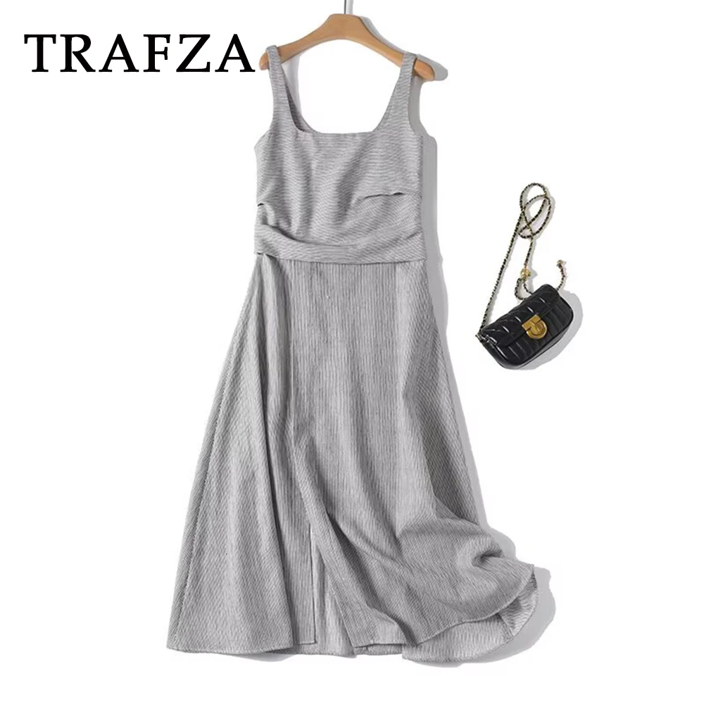 

TRAFZA Chic Striped Casual Woman Dress Fashion 2025 Summer Holiday Sleeveless Long Dresses Zipper Square Collar Female Vestidos