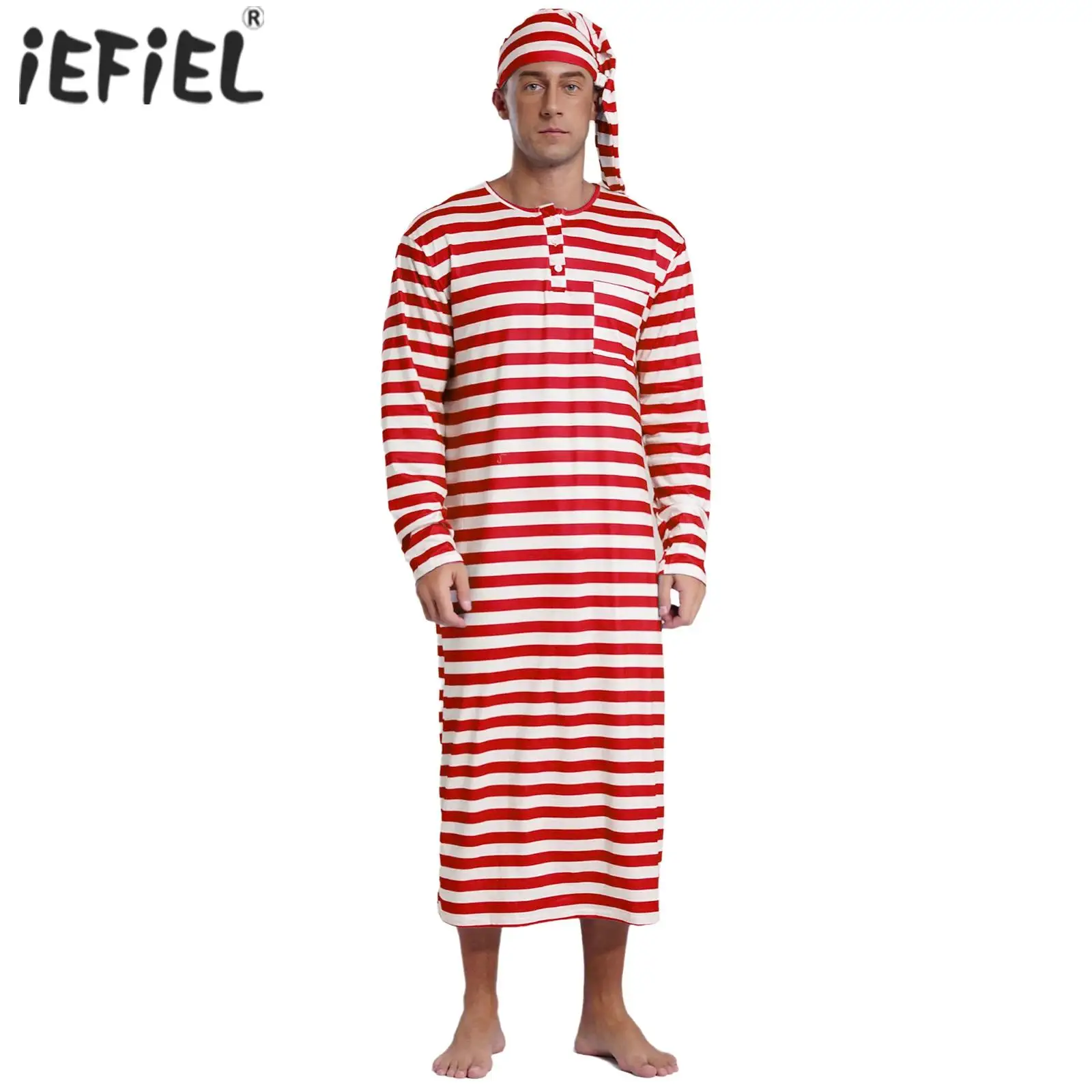 Men Striped Sleep Robe Xmas Cosplay Costume Set Long Sleeve Loose Long Robe with Pom-pom Hat Sissy Nightwear Christmas Sleepwear