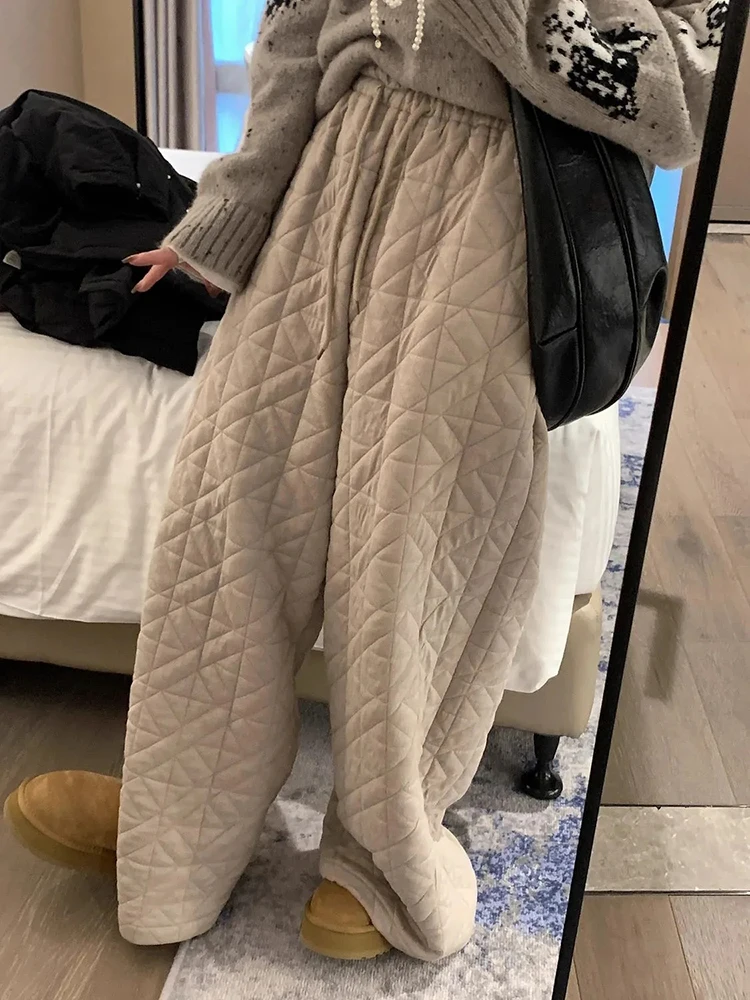 Winter Thick Argyle Wide Leg Pants Women Y2K High Waist Streetwear Loose Casual Pants Female Warm All Match Straight Trousers