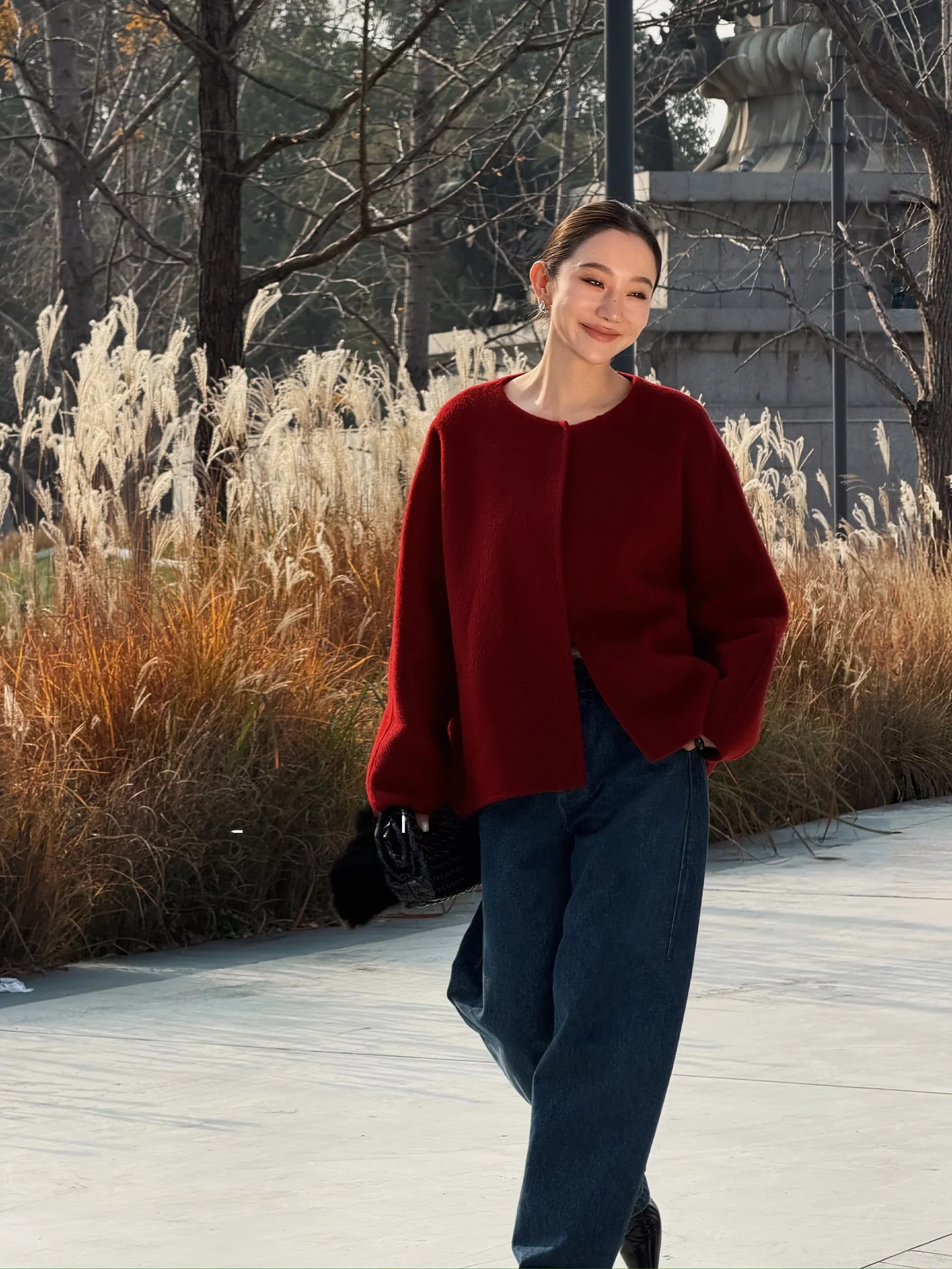 

LiHuiEr Double-Sided Woolen ort Coat Red New Year's Outfit Women's Faion Commute Sle Pure Color Casual Windproof