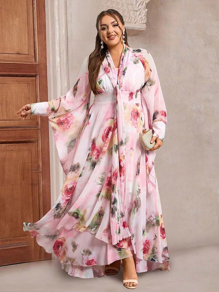 TOLEEN-Women\'s Floral Printed Maxi Dress, Long Sleeve, Plus Size, Simple, Daily, Casual, Elegant, Party, Holiday, Summer, 2024