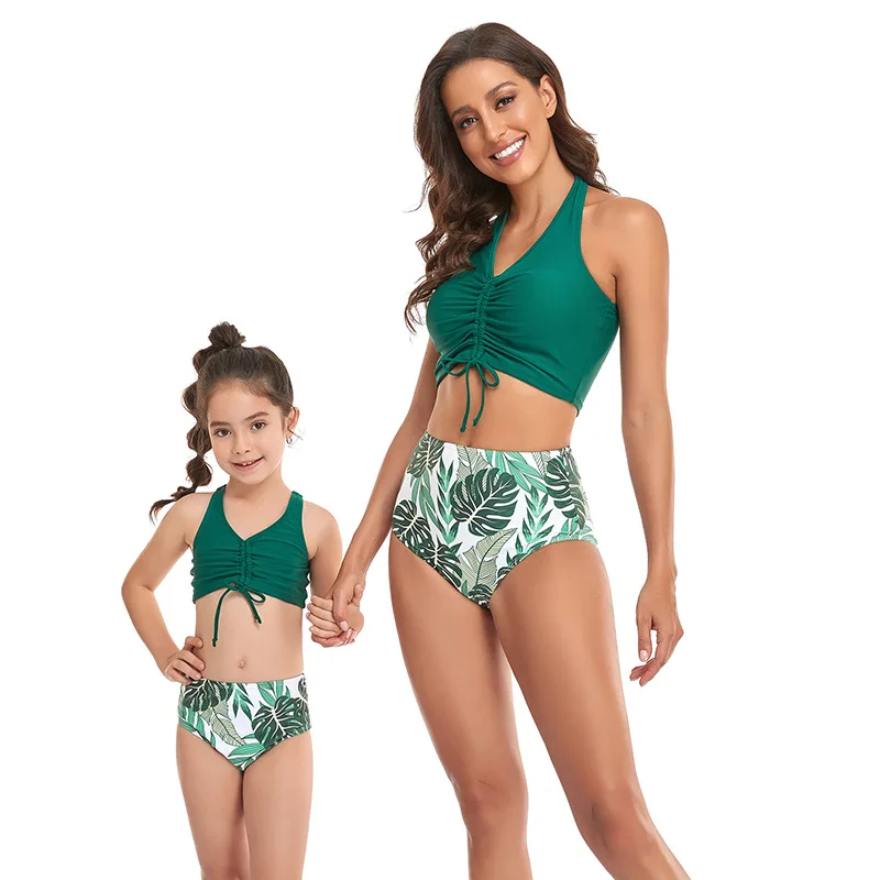 One Shoulder Swimsuits 2-Piece Parent-Child Bathings Suits for Women and Little Girl