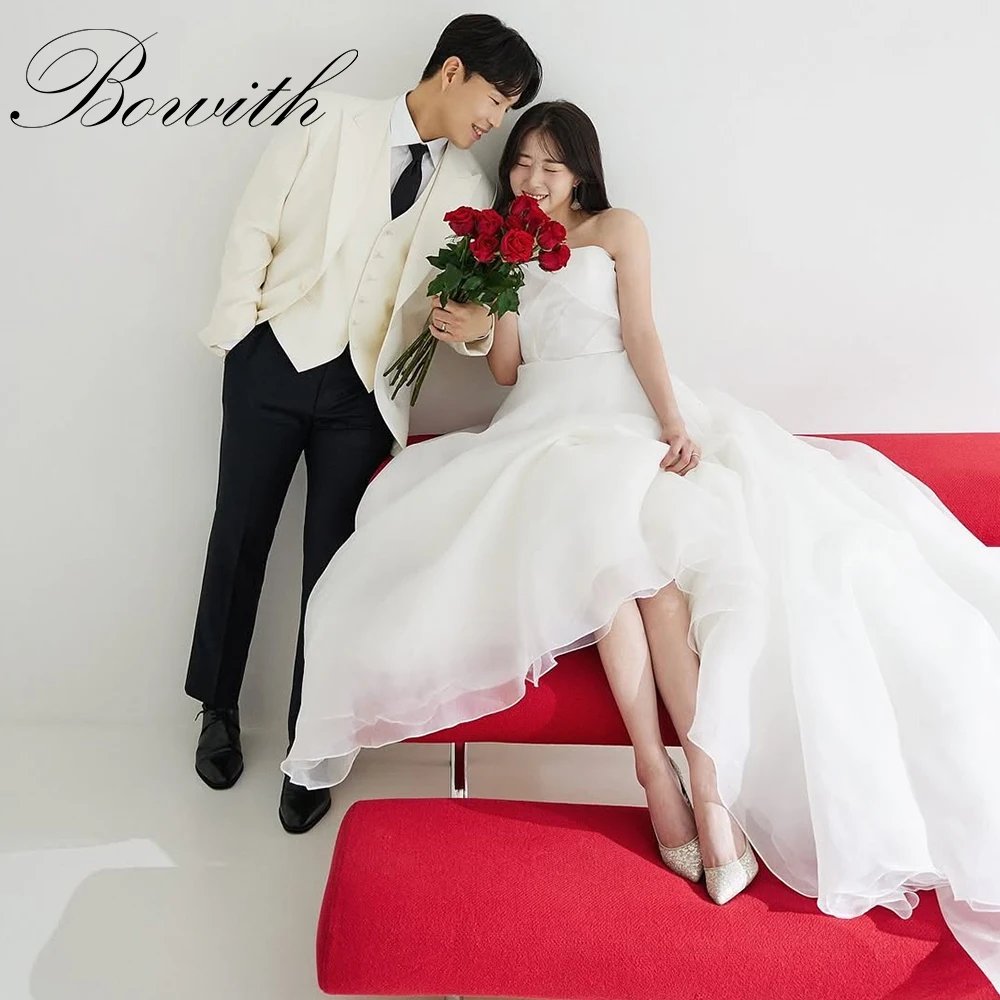 

Bowith Strapless Simple Wedding Dresses Korea Photo Shoot Silk Organza A Line Sweep Train 웨딩드레스 Customized