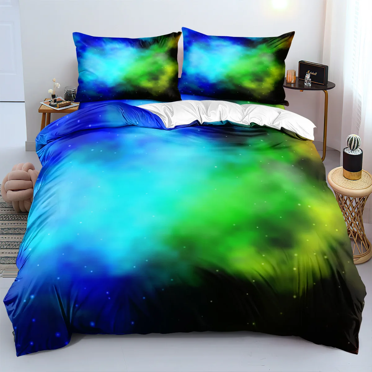 

Блестящий красочный комплект постельного белья с 3D принтом Cosmic Nebulae, уютный мягкий пододеяльник King Queen Twin, подарок на день рождения, декор для спальни