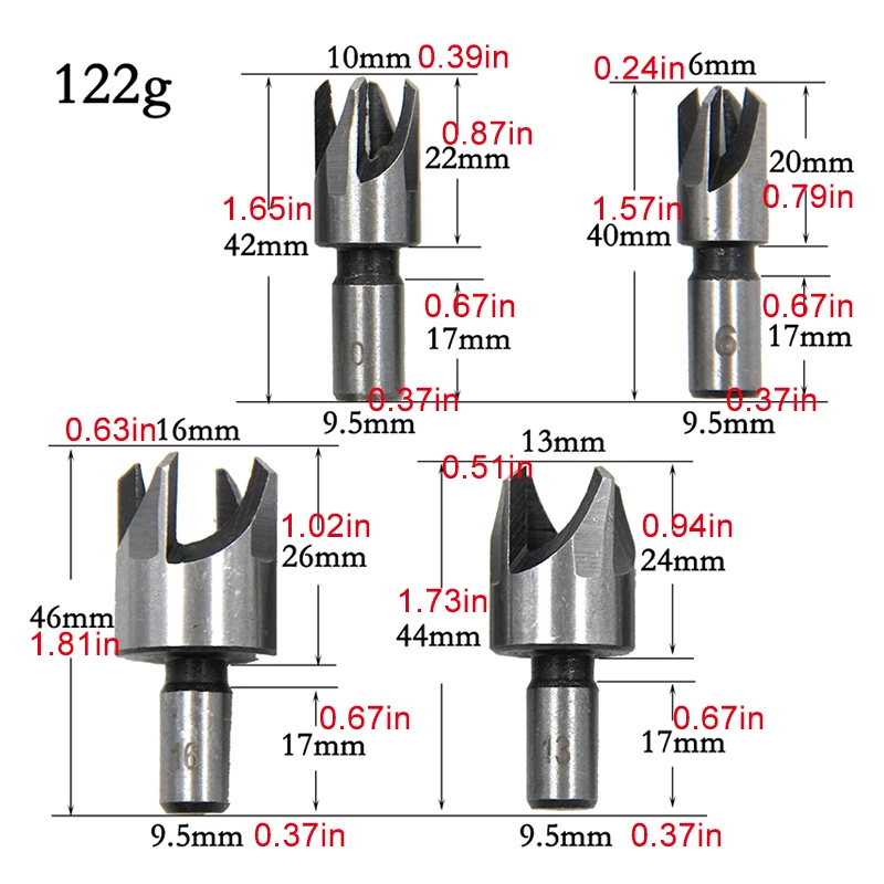 원형 생크 목공 플러그 커터, 4 톱니 모따기 커터, 모따기 구멍 드릴, 3/8 인치 (9.5mm), 6mm, 10mm, 13mm, 16mm, 4 개