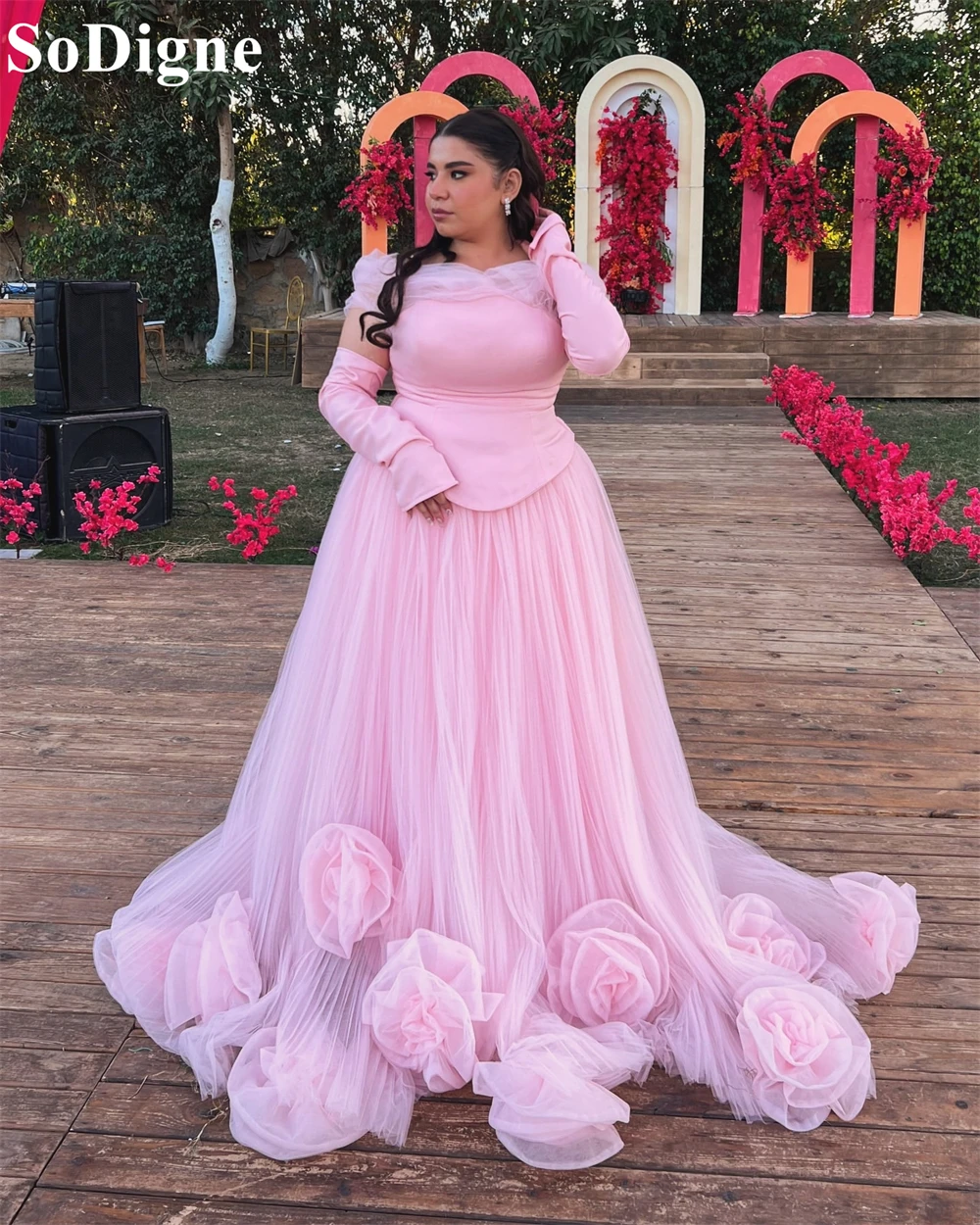 SoDigne Elegant Pink Evening Dresses A-Line Off Shoulder Pleated 3D Flowers Party Dress Formal Prom Gowns Plus Size Customized