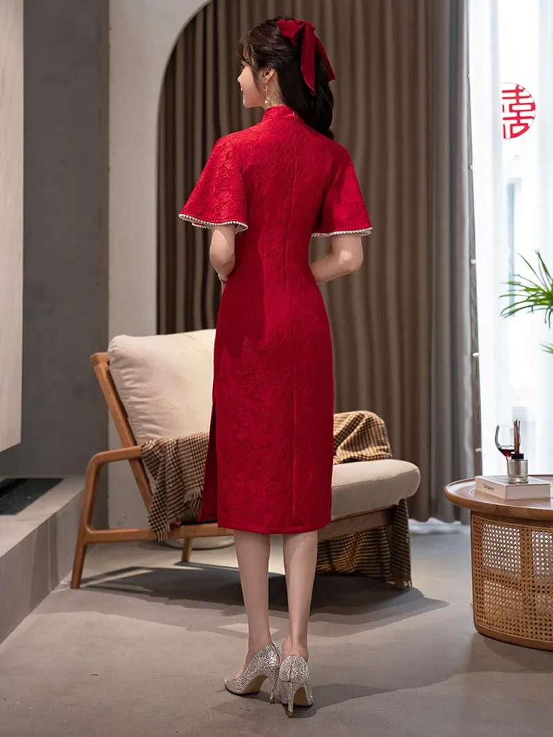 Wine Red Mid Long Lace Wedding Cheongsam Women Slim Short Sleeve Dress Chinese Style Vintage Dress Traditional Improved Qipao