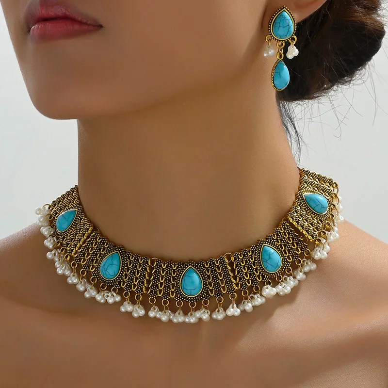 Turquoise Stone Chunky Necklace Earrings For Women Vintage Simulated Pearl Decoration Jewelry Set