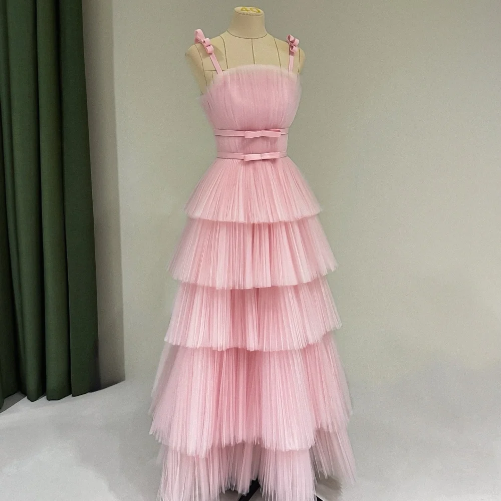 

Intricate Fashion Tulle Pleat Bow Tiered Sash A-line Spaghetti strap Long Dresses Bespoke Occasion Dresses Sizes Available Retro