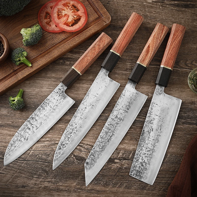 

TJ POP Forged Chef's Knife 5Cr15 Stainless Steel 4 Pcs Kitchen Knives Set Ebony Handle Sharp Nakiri Kiritsuke Japanese Santoku