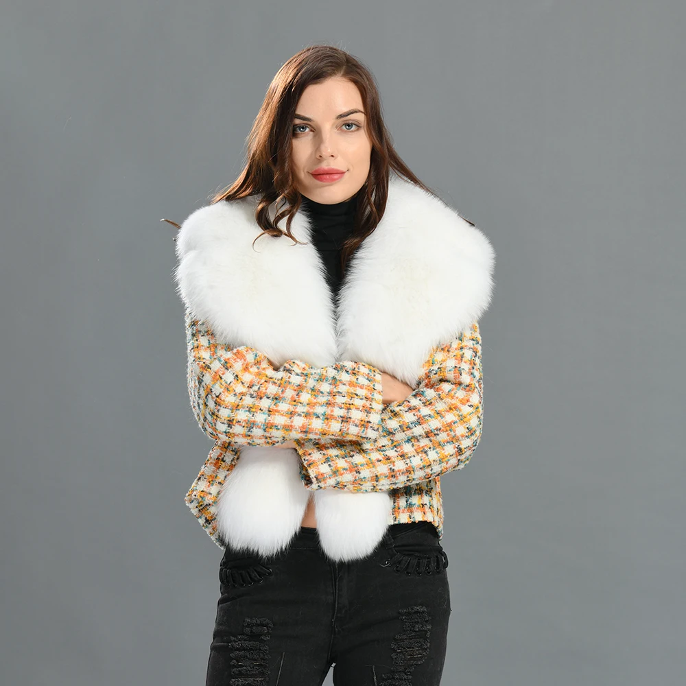 

Luxyonuo Real Fox Fur Jacket Big Fur Collar Luxury Women Winter 2022 Plaid Ladies Jacket Full Sleeves Female Cropped Outerwear