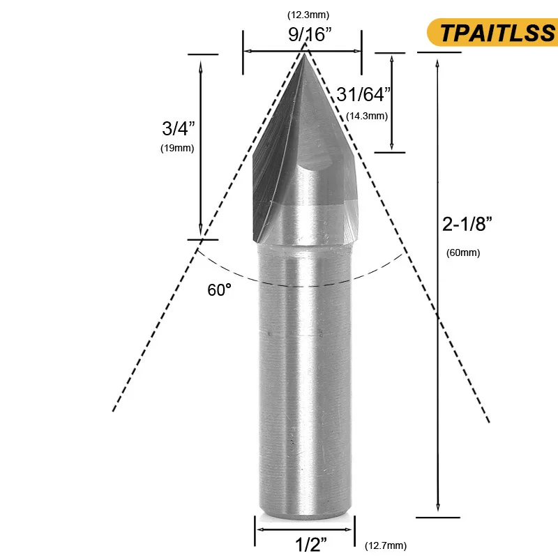 سكين نحت سكين على شكل حرف V ثلاثي الحواف مقبض 1/2 قاطعة طحن النجارة من الكربيد الصلب