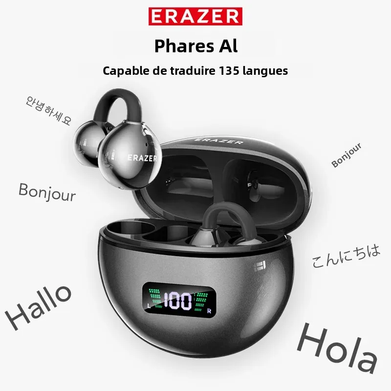 ERAZER XF55 Écouteurs Bluetooth V6.0 AI à réduction de bruit, Casques sans fil à clip d'oreille OWS, Écouteurs traducteurs longue durée