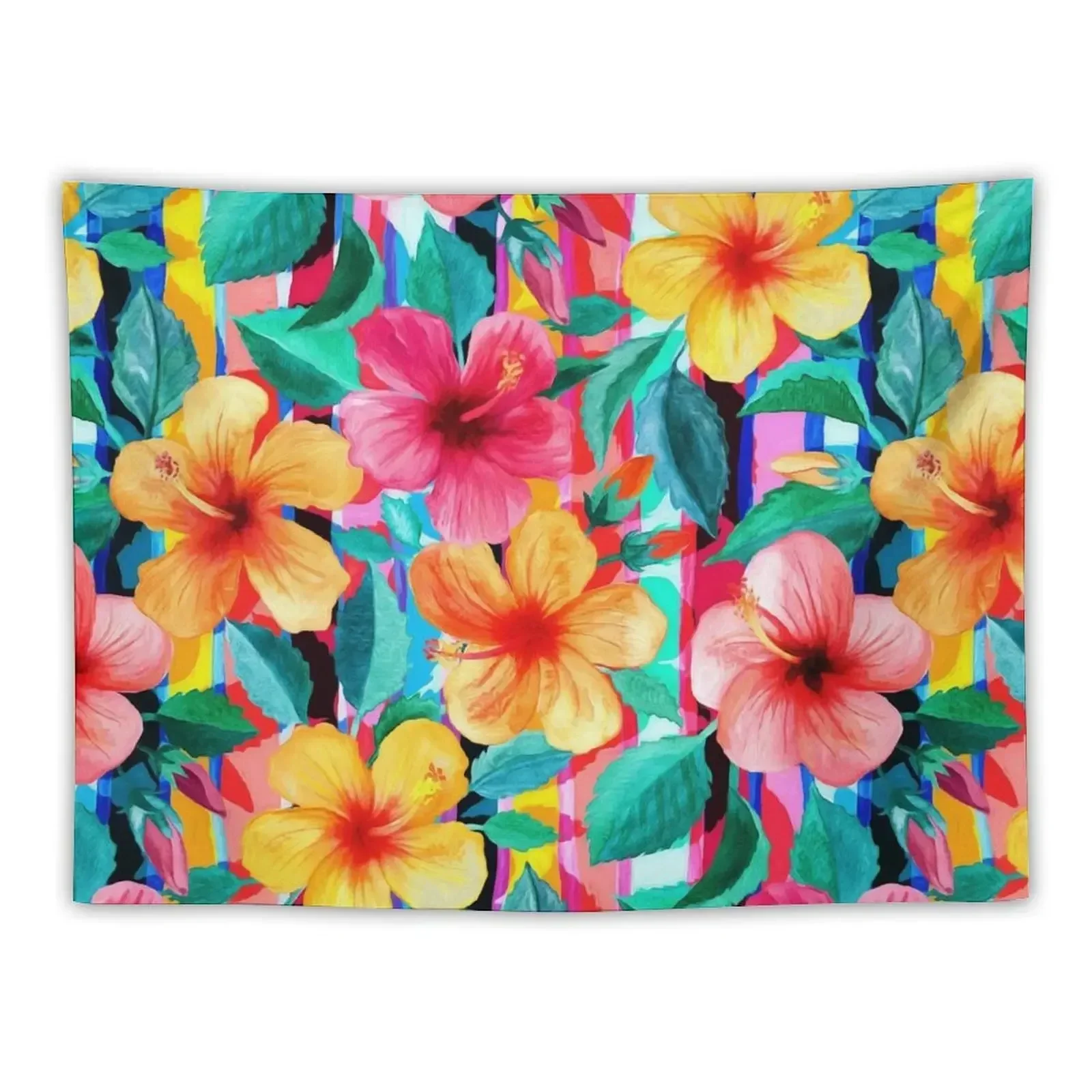 

OTT Maximalist Hawaiian Hibiscus Floral with Stripes Tapestry Kawaii Room Decor Wall Deco Room Decorator Tapestry
