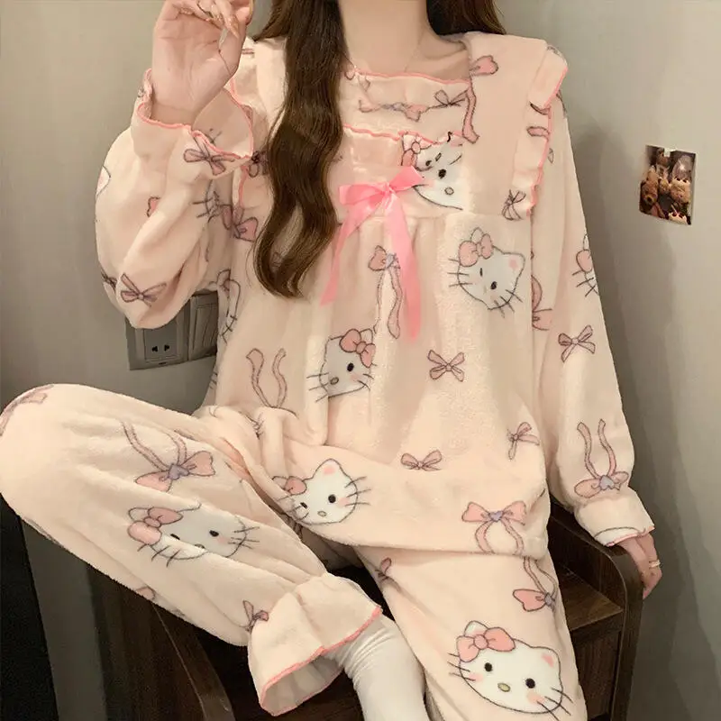 2025 meninas outono e inverno pijamas flanela conjunto grosso doce bonito dos desenhos animados confortável quente manga comprida pulôver roupas para casa